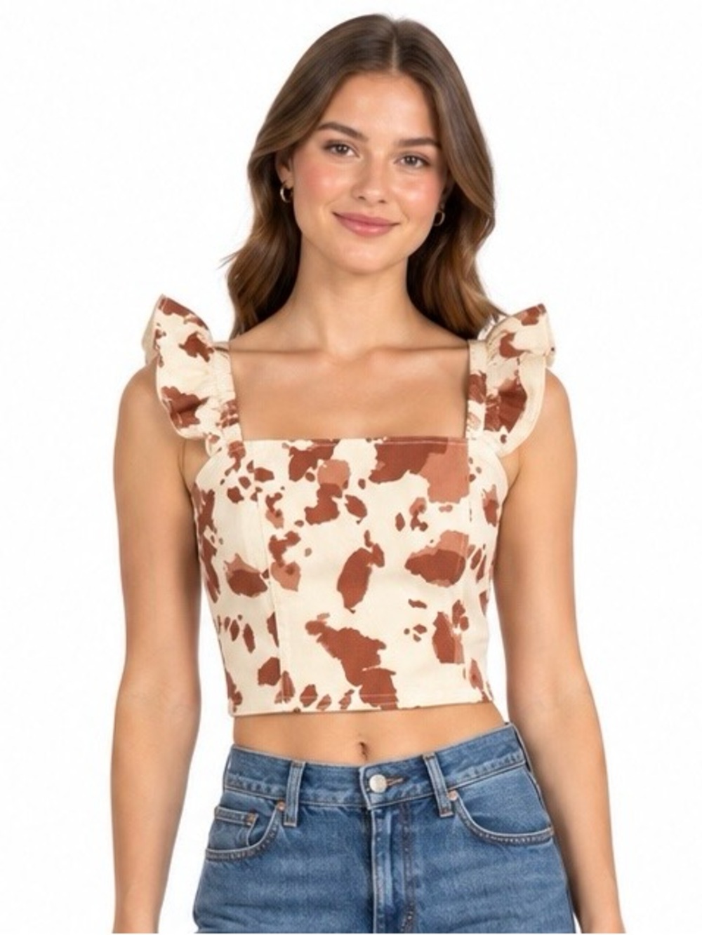 Altar'd State Cow Print Crop Top with Ruffle Straps Western Rodeo Cowgirl Sz L